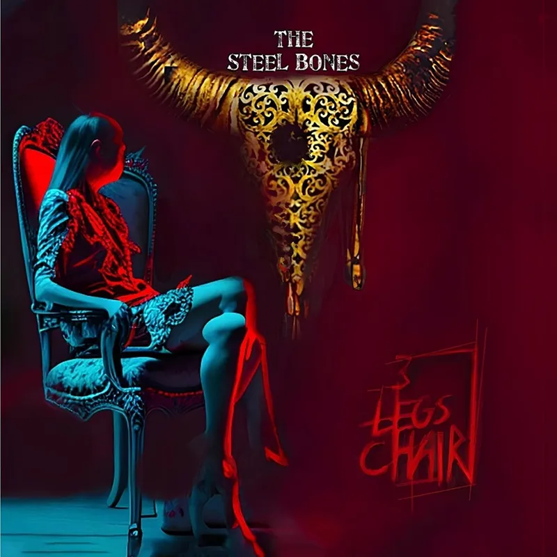 Copertina dell'album "3 Legs Chair" raffigurante una misteriosa donna seduta su una poltrona a tre gambe, di lato il teschio logo della band The Steel Bones.